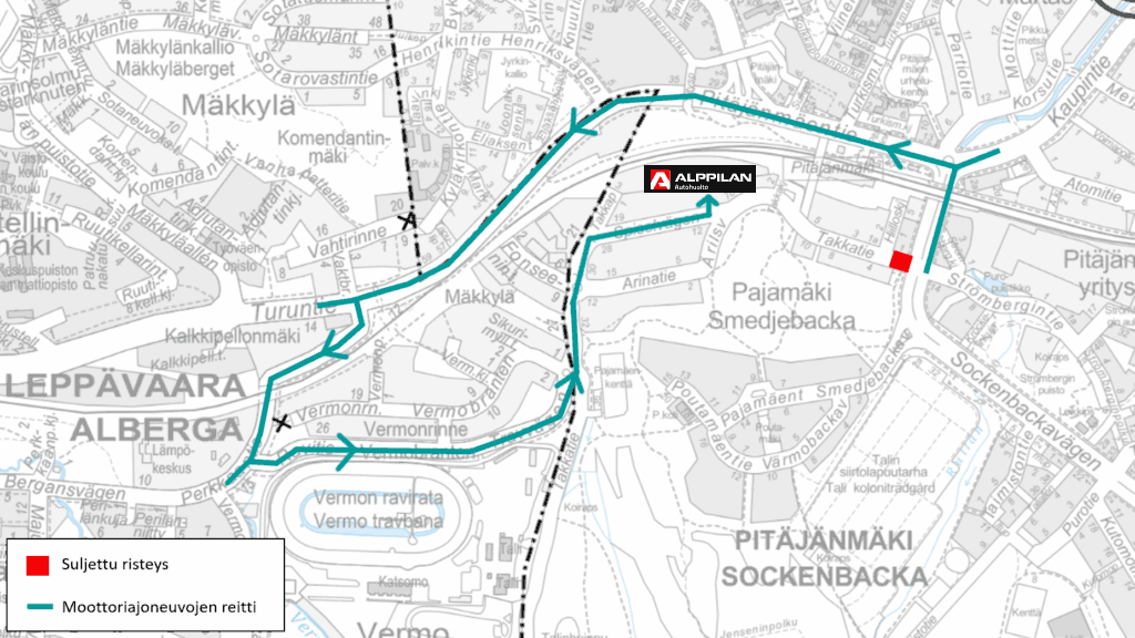 Kiertotie Pitäjänmäki Takkatie -toimipisteeseen  alkaen noin  kolmeksi kuukaudeksi - Alppilan Autohuolto